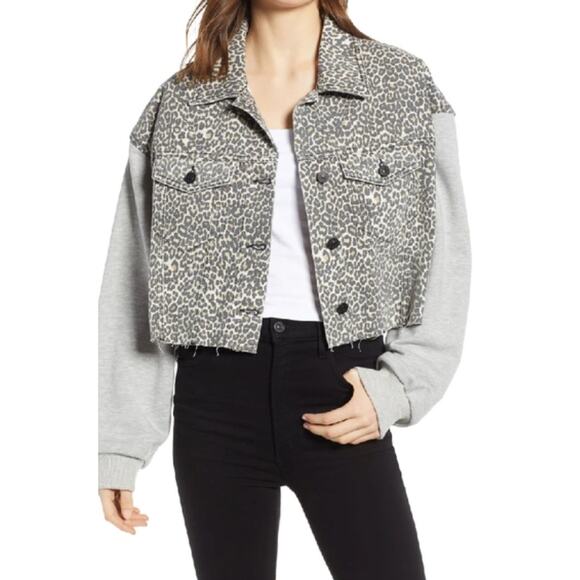 ALLSAINTS Leopard Print Anders Cropped Mixed Media Jacket Small - Picture 2 of 9